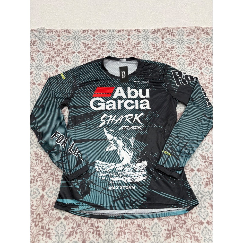 Abu Garcia Shark Attack Fishing Jersey Mens XXL Black Teal Performance Shirt NWT